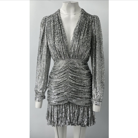 COSTARELLOS Libby Silver LUREX DEVOR Embellished Ruched Mini Dress sz 40 - Picture 4 of 9